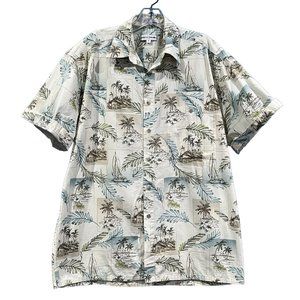 Vintage Pierre Cardin Retro Hawaiian Button Up Shirt Men Medium Island Hut Boat